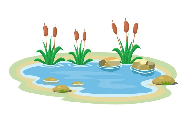 Schoon Meertje Met Blauw Water Waterlelies Stenen Riet Cartoon Stijl — Stockvector