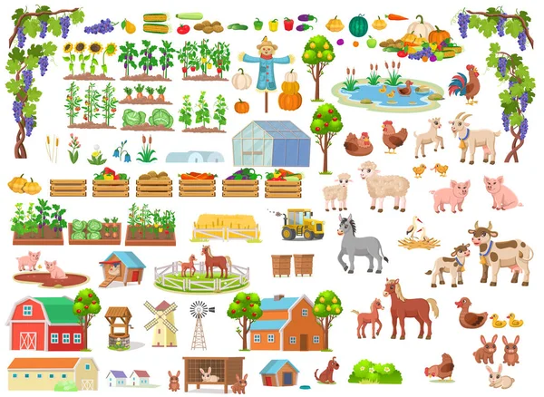 Великий Фермерський Набір Набір Ферм Мультиплікаційному Стилі Векторні Ілюстрації Тваринами — стоковий вектор