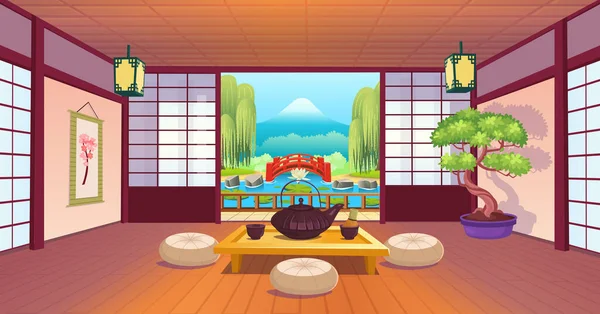 大きな窓 テーブルの上のカップとティーポット ガーデンビュー ファン 盆栽と日本の部屋 日本茶の儀式 漫画風 — ストックベクタ