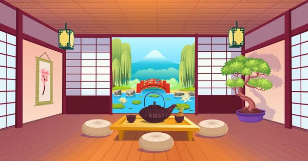 大きな窓 テーブルの上のカップとティーポット ガーデンビュー ファン 盆栽と日本の部屋 日本茶の儀式 漫画風 — ストックベクタ