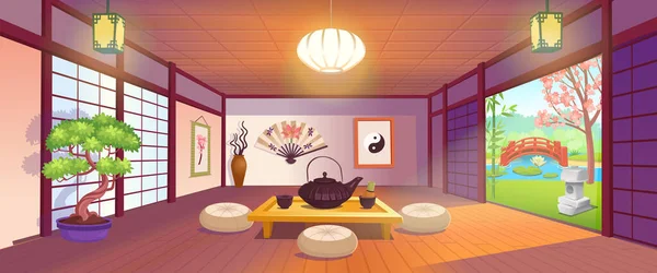 Японский Номер Большим Окном Чашки Чайник Столе Вид Сад Вентилятор — стоковый вектор