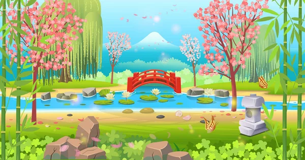 Jardim Japonês Com Rio Lago Uma Ponte Vermelha Flores Cereja — Vetor de Stock