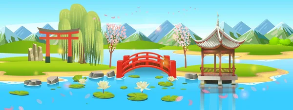 日本的花园 有一条河 一个湖 一座红色的桥 拱门和Pergola 樱花和一个石灯 美丽的风景 卡通风格的风景 — 图库矢量图片