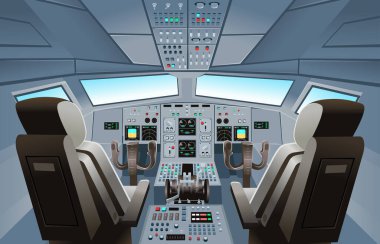Uçak kokpiti manzarası, panel tuşları, torpido gözü ve pilot koltuğu. Uçak pilotlarının kulübesi. Çizgi film vektör illüstrasyonu.