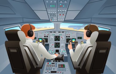 Panelli uçak kokpit manzarası, torpido gözü ve pilotlu pilot koltuğu. Uçak pilotlarının kulübesi. Çizgi film vektör illüstrasyonu.