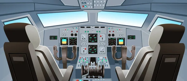 Pohled Pilotní Kabiny Panelovými Tlačítky Ovládáním Palubní Desky Pilotním Křeslem — Stockový vektor