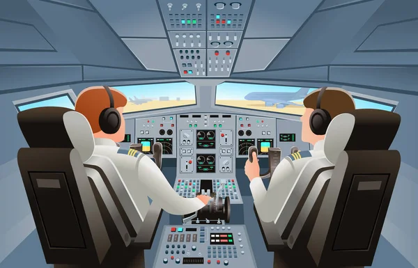 Panelli uçak kokpit manzarası, torpido gözü ve pilotlu pilot koltuğu. Uçak pilotlarının kulübesi. Çizgi film vektör illüstrasyonu.