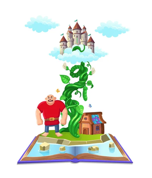 Ανοιχτό Βιβλίο Πεινασμένο Γιγαντιαίο Χαρακτήρα Και Φασολιά Κάστρο Στα Σύννεφα — Διανυσματικό Αρχείο