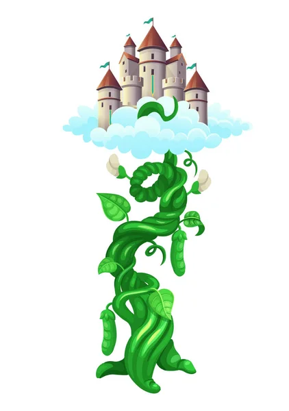 おとぎ話のジャックとBeanstalk上の雲の中の城とBeanstalk 漫画風のベクトルイラスト — ストックベクタ