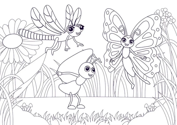 Boyama sayfası. Karikatür kelebekli yaz manzarası ve yusufçuk, çiçekler ve gökyüzü arkaplanı. Çizgi film tarzında vektör illüstrasyonu