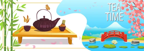 Чайна Церемонія Коричневий Керамічний Чайник Чаї Пензлем Дерев Яному Столі — стоковий вектор