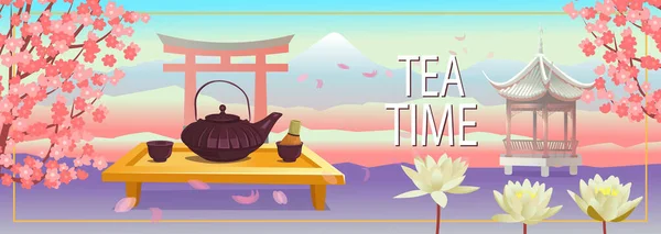 Çay Seremonisi Kahverengi Seramik Çaydanlık Ahşap Masadaki Fırçalı Çay Fincanları — Stok Vektör