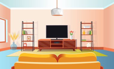  Kanepe, televizyon ve raflı oturma odası. Boho 'daki oturma odası. Tahta TV standı, süslemeli raflar. Vektör çizgi film biçimi.