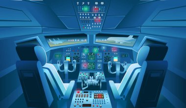 Uçak kokpiti manzarası, panel tuşları, torpido gözü ve geceleri pilot koltuğu. Uçak pilotlarının kulübesi. Çizgi film vektör illüstrasyonu.