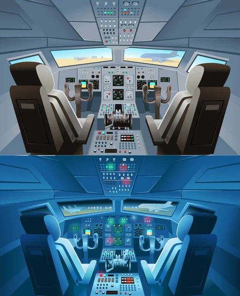 Set Cockpit Tag Und Nacht Cockpit Ansicht Des Flugzeugs Mit — Stockvektor