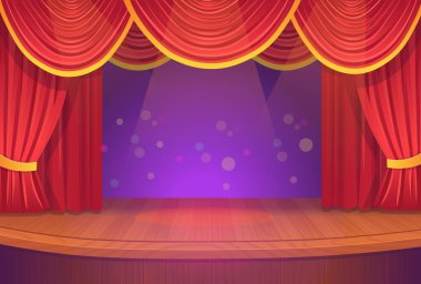 Kırmızı perdeli bir tiyatro sahnesi. Vektör şablonu illüstrasyonu