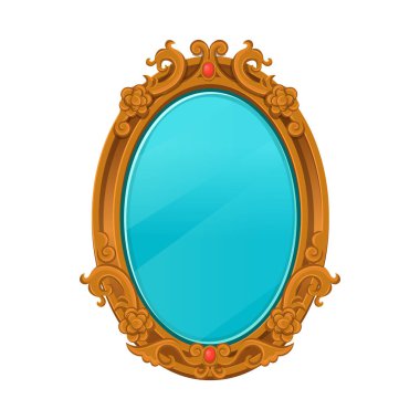 Kırmızı taşlı, klasik altın çerçeveli yuvarlak ayna. Çizgi film vektör illüstrasyonu