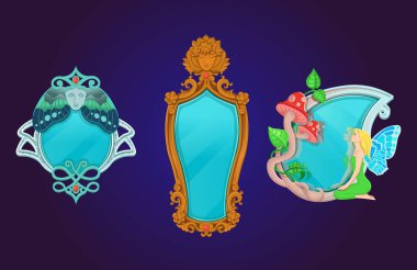 Sihirli aynalar. Yaratıcı çerçeve, kızın yüzü ve kelebek kanatlarıyla sihirli ayna. Güzel antika sihirli ayna. Bir damla suda bir ayna, bir sineklik ve bir kelebek perisi..