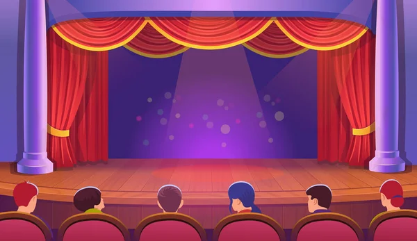 Een Theater Podium Met Een Rood Open Gordijn Vectorsjabloon Illustratie — Stockvector
