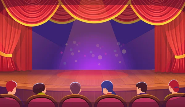 Eine Theaterbühne Mit Rotem Geöffnetem Vorhang Mit Menschen Vektorschablone — Stockvektor