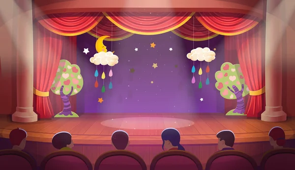 Palco Teatro Com Cortinas Vermelhas People Cartoon Interior Teatro Com —  Vetores de Stock