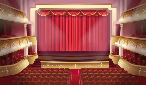 Balkonlu Koltuklu Bir Tiyatro Sahnesi Kırmızı Perdeli Sütunlu Bir Tiyatro — Stok Vektör