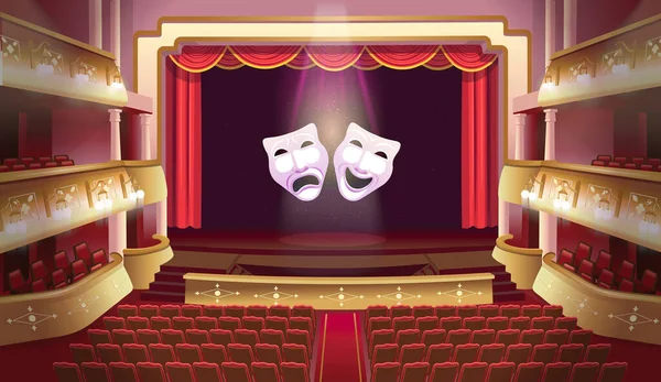 Theater Scene Interior Balconies Seats Theater Stage Red Open Curtain — Stock Vector