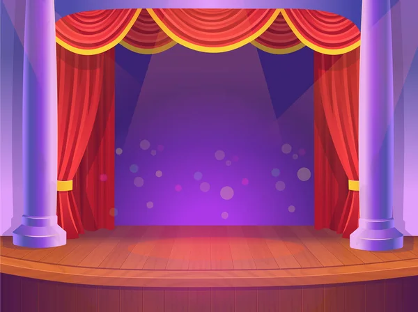 Eine Theaterbühne Mit Rotem Offenen Vorhang Und Lila Säulen Vektorschablone — Stockvektor