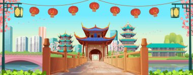 Çin köprüsüne giriş perspektifi. Eski evleri, kemerleri, fenerleri ve çelenkleri olan büyük bir Panorama Çin caddesi. Antik tapınaklar. Çin Yeni Yılı. Şehir caddesinin vektör illüstrasyonu.