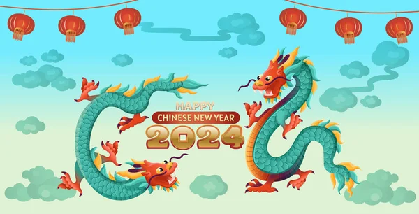 中国のドラゴン 2024 黄道帯のシンボル カレンダー2024Flyingドラゴン 漫画手描きスタイル ストックベクター