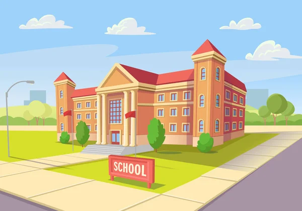 School Building Met Een Gele Schoolbus Perspectief — Stockvector