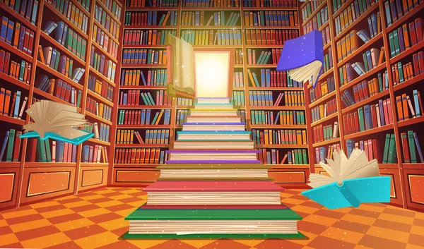 図書館の本棚漫画ベクターのイラスト 本の形でドアを開けた本で作られた階段 本の大きい積み重ね ロイヤリティフリーのストックイラスト