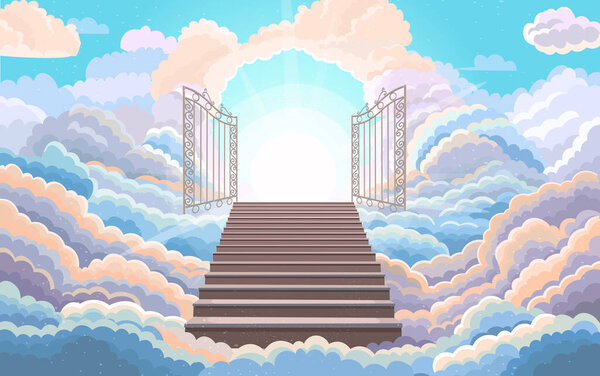 Entrance to paradise, open gate. Staircase leading to to the wrought iron gates.background with fluffy clouds. Stairs up. Vector cartoon illustration.