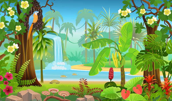  Jungle forest view. Jungle with green tropical trees, river or lake and a waterfall, plants, shrubs and flowers. Wildlife panoramic with landscape. Vector cartoon illustration.