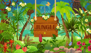 Tahta tahtası olan tropik bir orman çizgi filmi. Orman manzaralı. Yeşil tropikal ağaçlar, bitkiler, çalılar ve çiçeklerle dolu bir orman. Manzaralı vahşi yaşam panoramik. Vektör karikatür çizimi. Oyun tasarımı