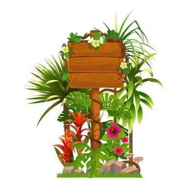  Orman ahşap tabelalar kuruldu. Beyaz zemin üzerinde tropikal bitkiler, palmiyeler ve yapraklar bulunan tahta işaretler. Kırsal yönetim kurulu. Vektör çizgi film illüstrasyonu. 