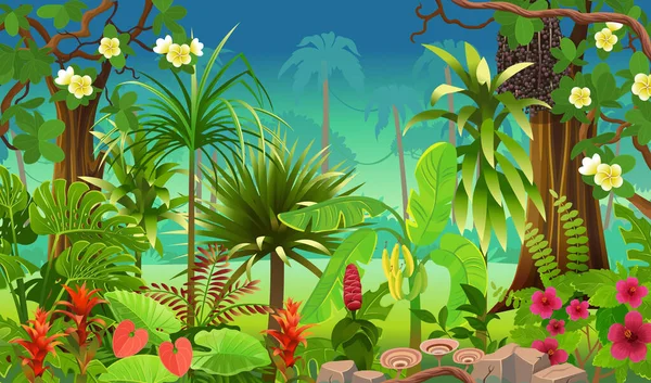 ジャングルの森の景色 緑の熱帯の木 低木および花が付いているジャングル 風景のある野生生物のパノラマ ベクターマンガイラスト ストックイラスト