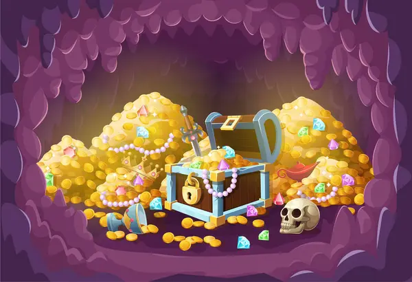 金の塊を持った洞窟 ストーリータイトル ストーリーミット 金の宝の山 コイン クラウン クリスタル カップ ビーズ 頭蓋骨が付いている開いた胸 ロイヤリティフリーのストックイラスト