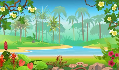  Orman manzaralı. Yeşil tropikal ağaçlarla dolu bir orman, nehir veya göl, bitkiler, çalılar ve çiçekler. Manzaralı vahşi yaşam panoramik. Vektör çizgi film illüstrasyonu.