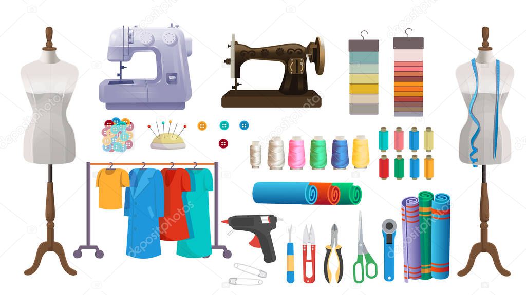 Sewing set with sewing machine, mannequin, clothes on a hanger, threads and sewing tools.Vector illustration in cartoon style.