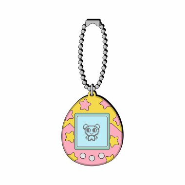 Retro Tamagotchi oyuncağı. Cep hayvanı oyunu. Ekran ekranı, zincir ve düğmeleri olan Tamagotchi. 90 'lardan kalma bir nostalji. Vektör karikatürü.