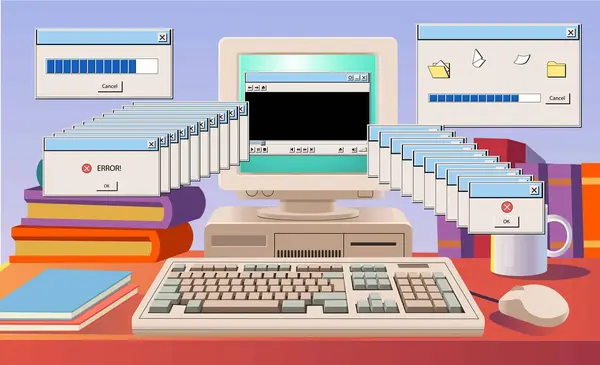 スクリーンおよびキーボードが付いているレトロ コンピュータ コンピュータ 8090年代 フロントが直面した カートゥーンスタイル ストックベクター