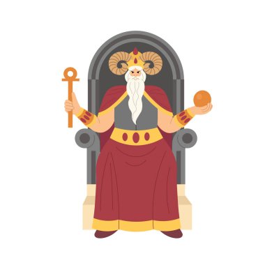 Kral, imparator taş bir tahtta oturuyor. Binbaşı Arcana tarot kartı tasarımı. El çizimi düz çizgi film tarzı. EMPEROR