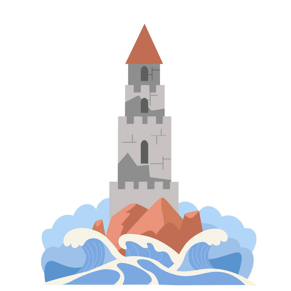  Lighthouse tower. Lighthouse on the rock. waves hitting the rocks, storm. Hand drawn cartoon flat style.
