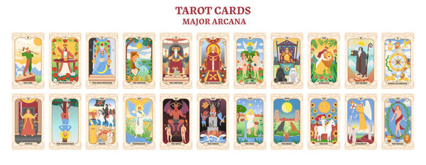 Set of colorful tarot cards. Tarot cards major arcana. flat style.