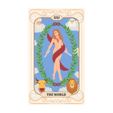Binbaşı Arcana tarot kartı tasarımı. El çizimi düz çizgi film tarzı. Dünya