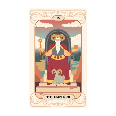 Binbaşı Arcana tarot kartı tasarımı. El çizimi düz çizgi film tarzı. EMPEROR