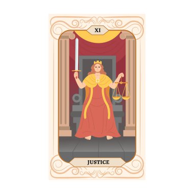 Tahtta Adalet Tanrıçası oturuyor. Elinde pullar ve bir kılıç var. Binbaşı Arcana tarot kartı tasarımı. El çizimi düz çizgi film tarzı. Adalet.