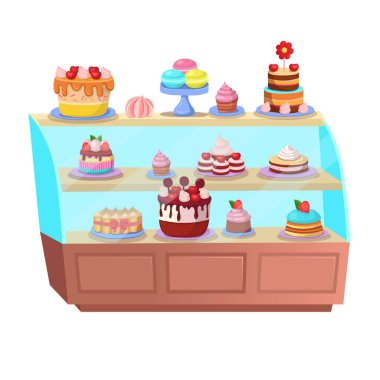 Pastalı buzdolabı. Şekerleme. İçeride pastane var. Kafe mi, şekerci mi? Pastalar ve pastalar raflarda. Tatil pastaları ve pastalar. Mutlu yıllar Çizgi film 