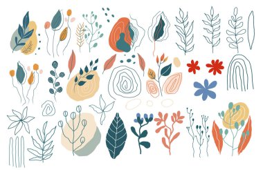 Soyut Memphis bitkilerinden oluşan büyük bir set. Olaysız çizgiler, noktalar ve spiraller, renkli noktalar. tasarım için ögeler.